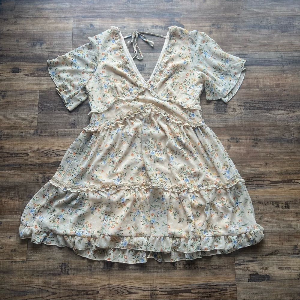 Blue B Womens Beige Cottage Floral Summer V-Neck Mini Dress Ruffles Boho Sz Md